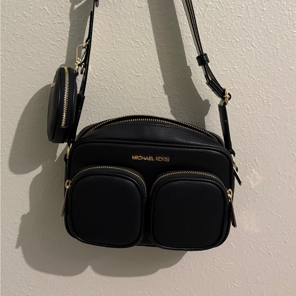 Michael Kors Black Pebbled Leather Crossbody with Dual Front Pockets